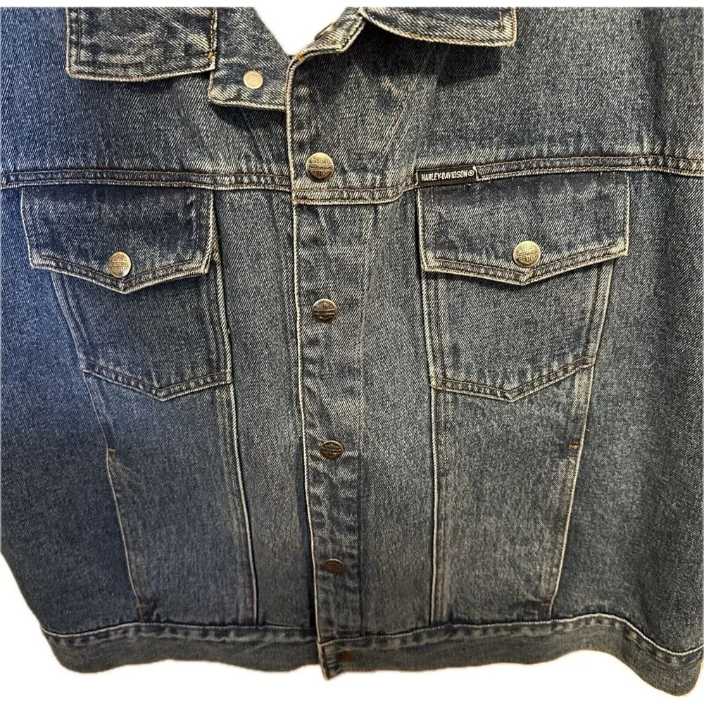 Harley-Davidson Mens Biker Denim Vest-3XL XXXL Snap Leather Patch Pockets‎ Core